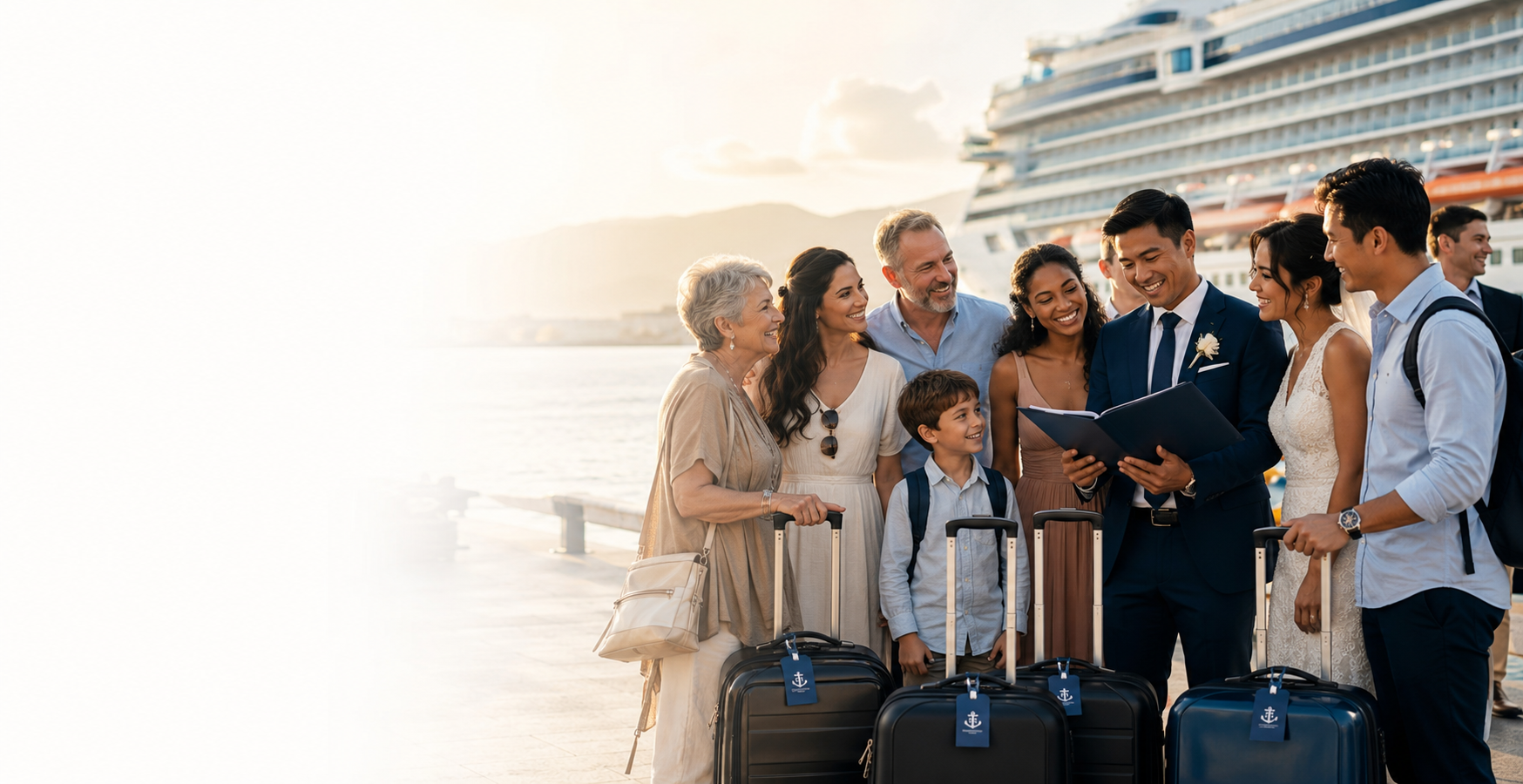 Group of travelers enjoying a luxury cruise vacation together