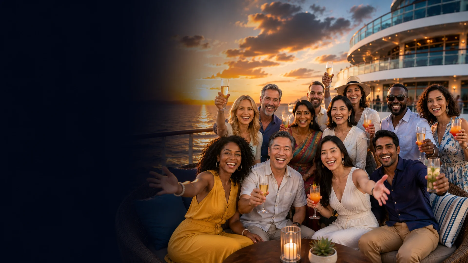 Group of travelers enjoying a luxury cruise vacation together