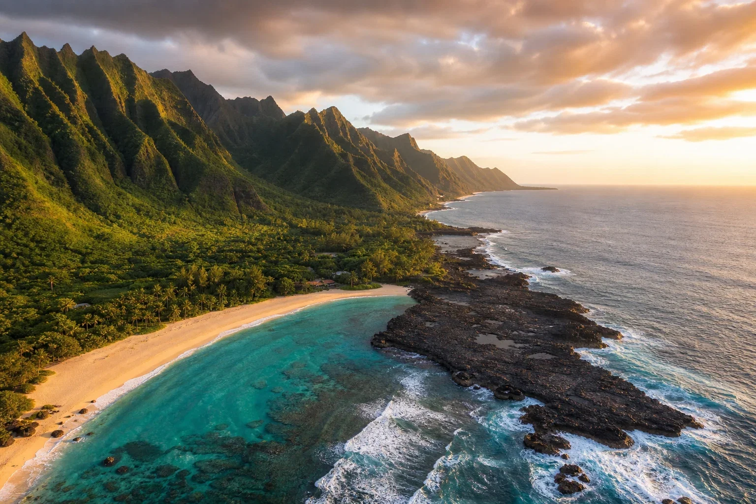 Aerial view showing varied Hawaiian coastlines: emerald cliffs, sandy beaches, and volcanic shoreline