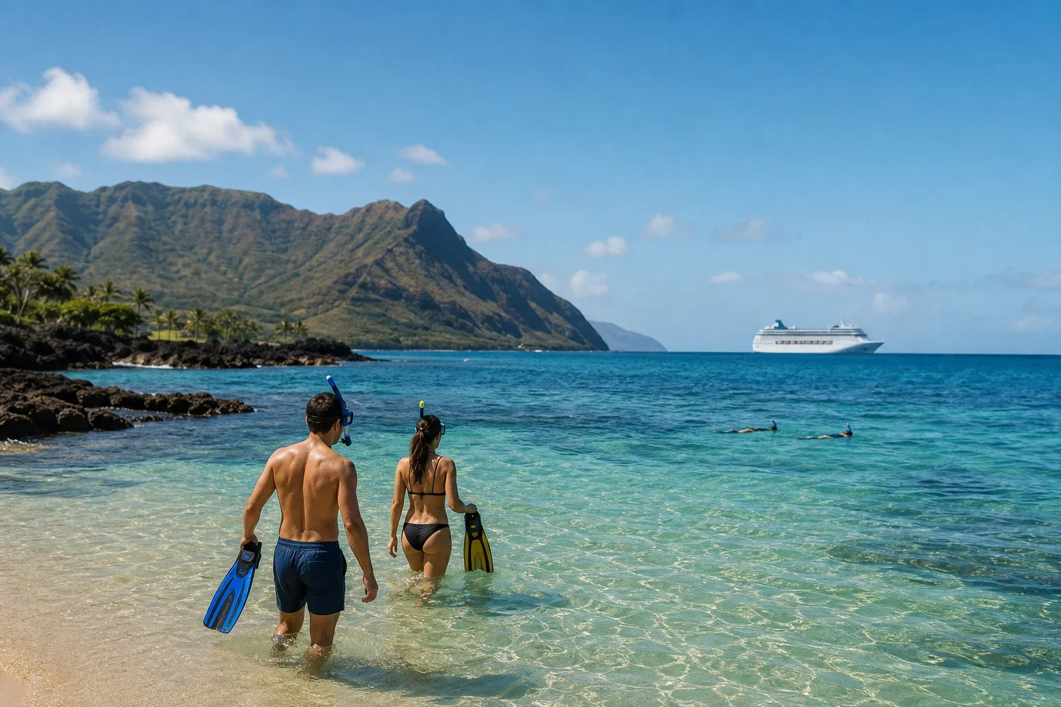 Quiet beach foreground with snorkelers and a cruise ship visible on the horizon