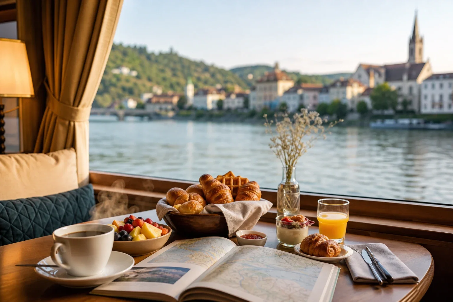 Breakfast laid out on a ship table with a panoramic window framing a riverside town