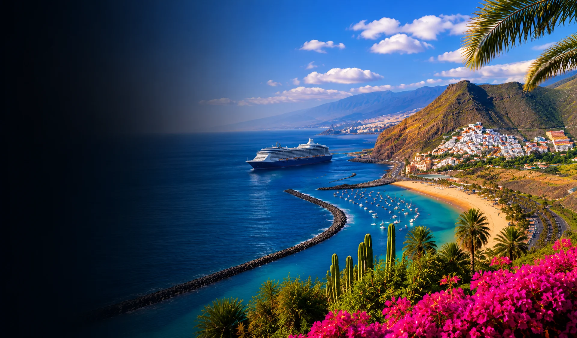 Luxury cruise sailing along the Canary Islands coastline with volcanic mountains, beaches, turquoise Atlantic waters, and a coastal village.