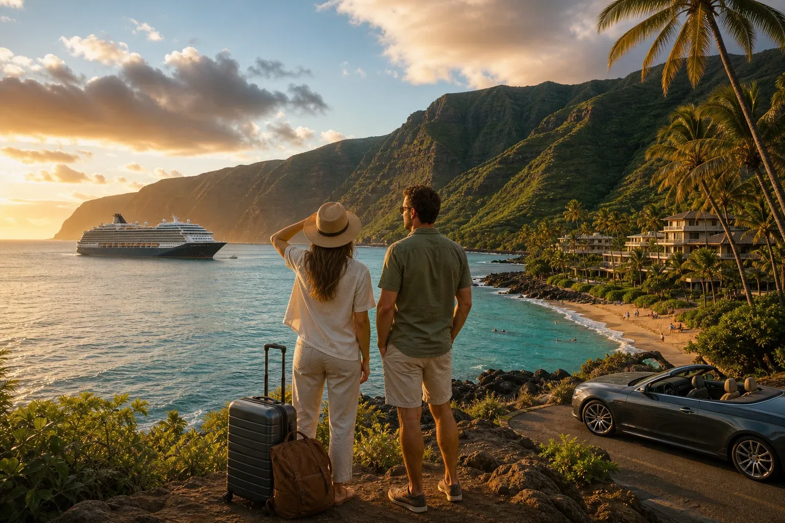 Two travelers at a coastal lookout with luggage, gazing toward a distant cruise ship in the harbor and a palm‑fringed beach resort along the shoreline at golden hour.