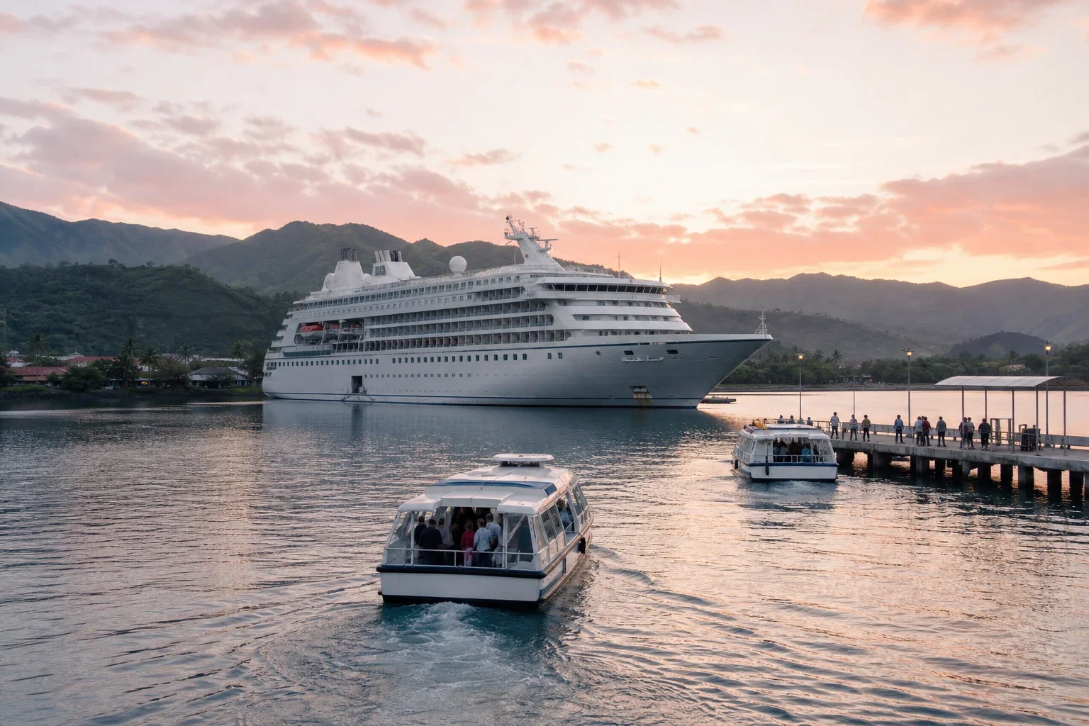 Mid-size cruise ship anchored offshore near a Hawaiian harbor at sunrise with tender boats nearby