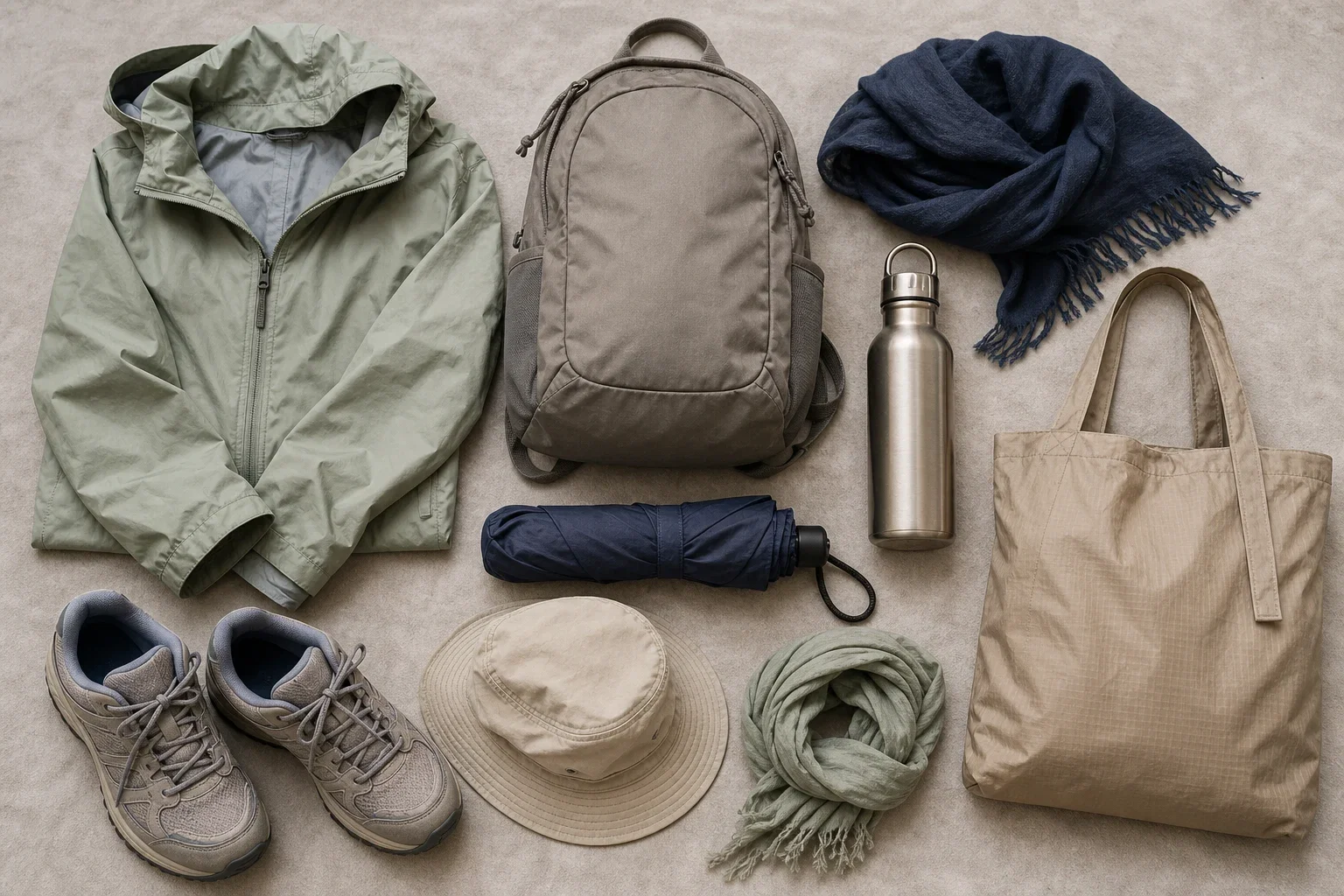 Flat-lay of packing essentials: walking shoes, light rain jacket, day bag, reusable bottle, and compact umbrella