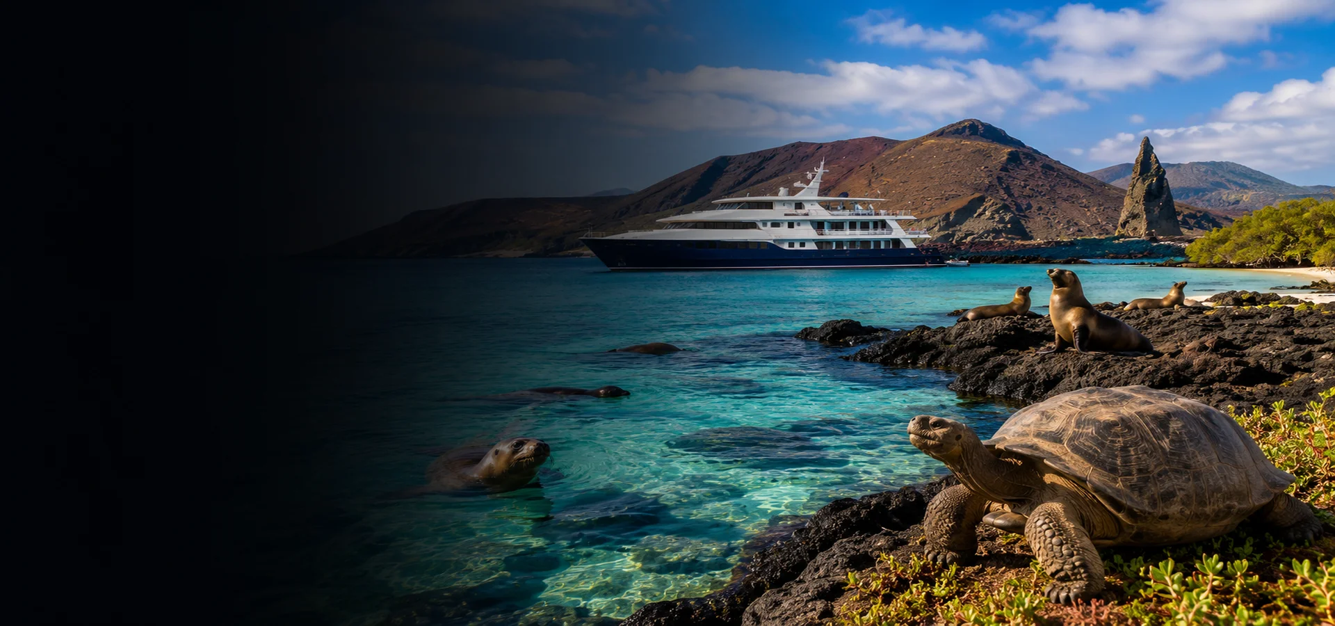Luxury expedition yacht sailing through the Galapagos Islands with giant tortoise, sea lions, volcanic coastline, and turquoise water.