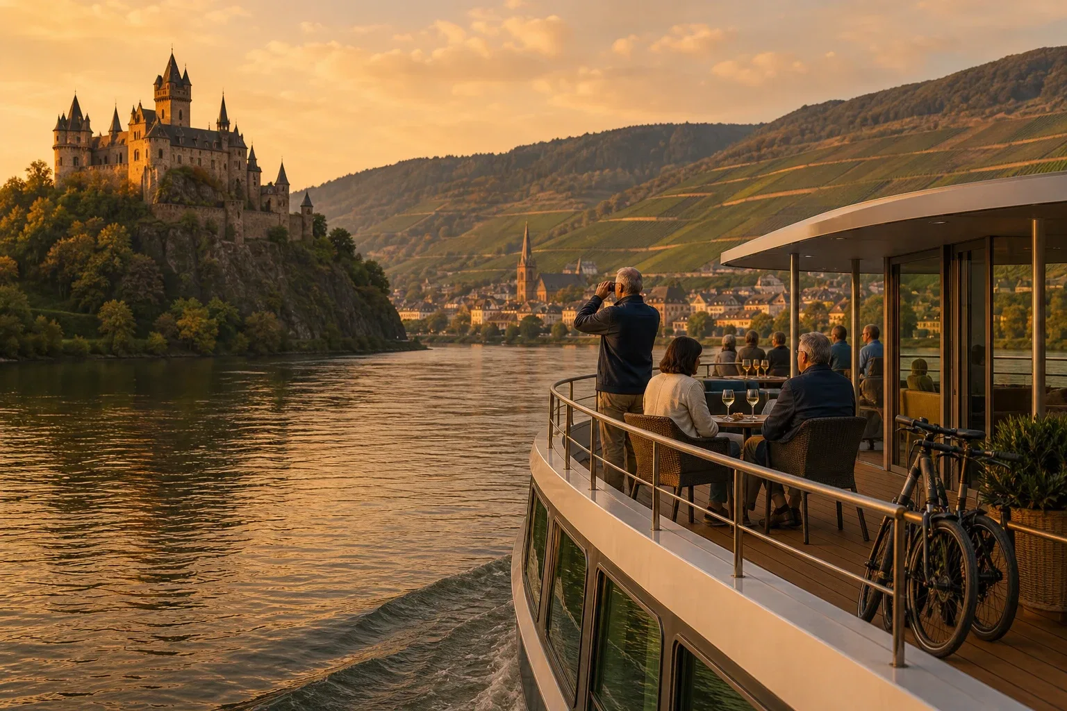 A small elegant river cruise ship gliding past a riverside castle and terraced vineyards at golden hour, with a few passengers quietly enjoying the deck