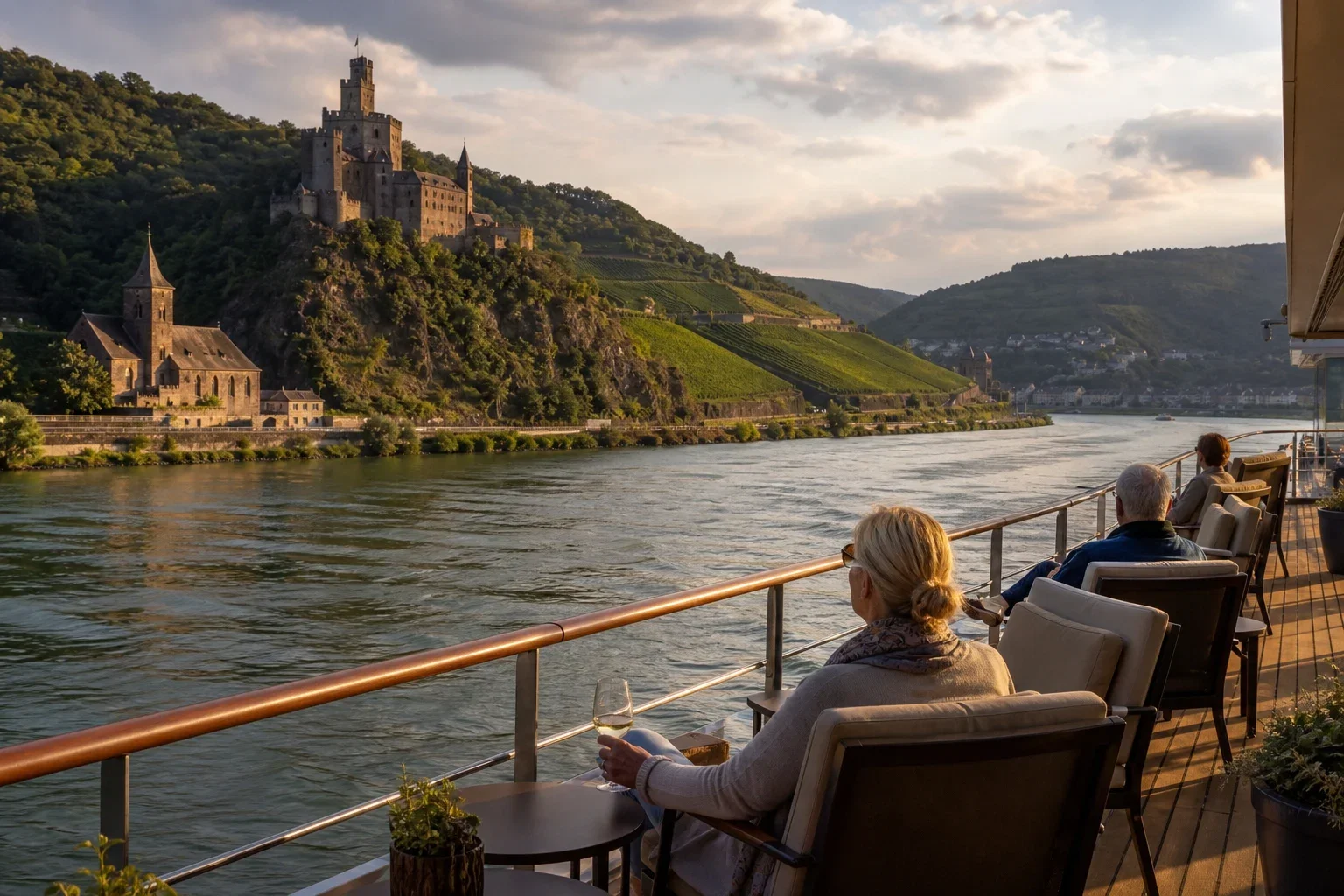 Passengers on a ship deck relaxing as the vessel passes castles and terraced vineyards along a river bend