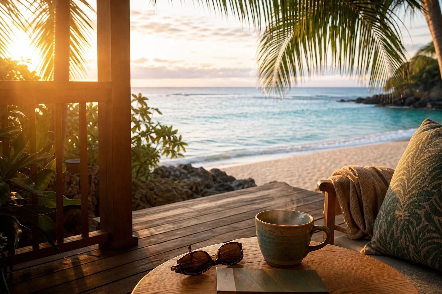 Morning on a private lanai with a coffee mug on a table and a palm-framed ocean view