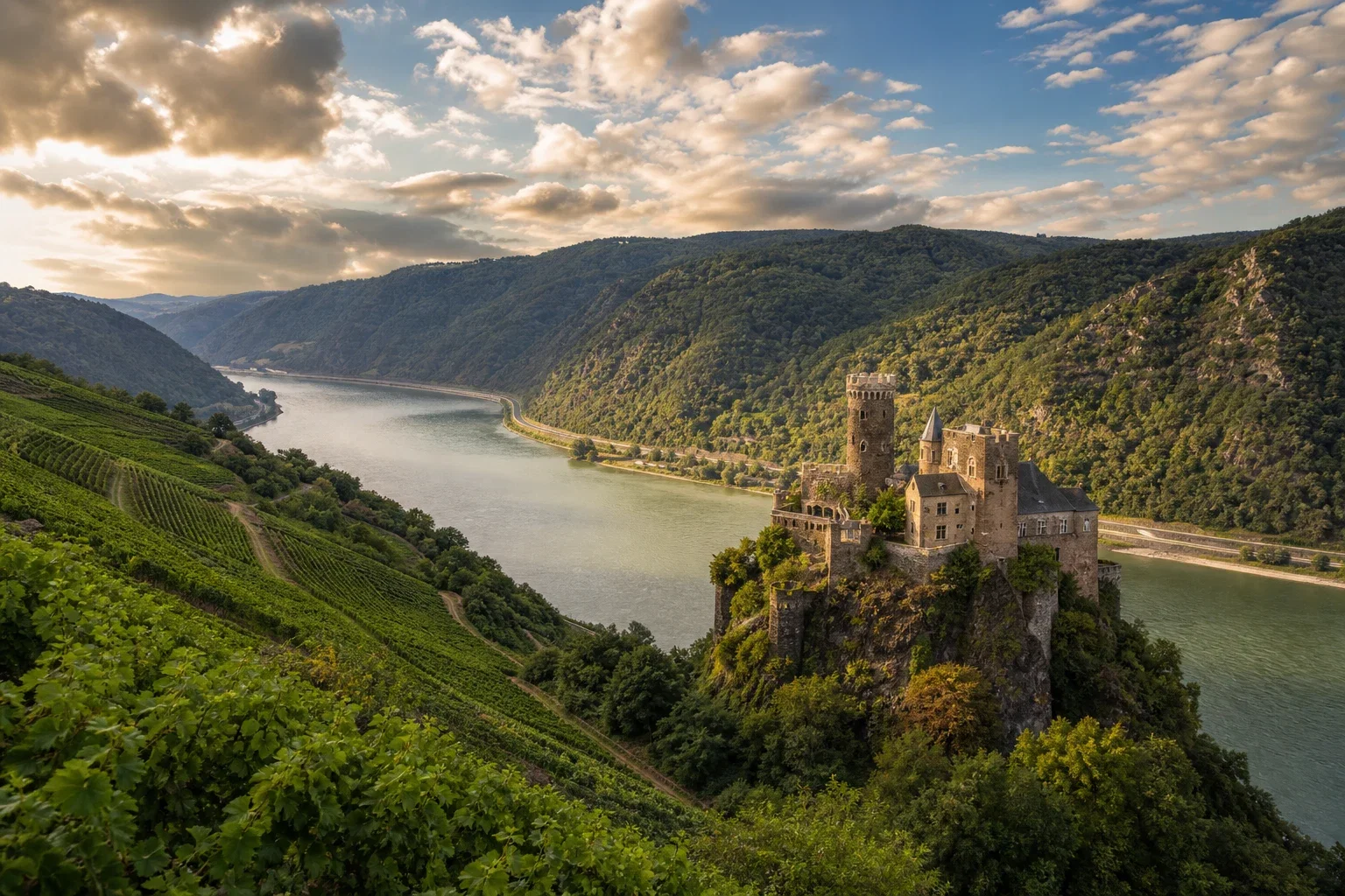 Dramatic Rhine Gorge showing a castle perched over a meandering river with vineyards on the slopes