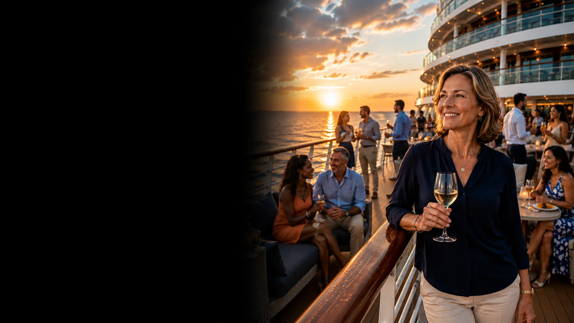 Confident solo traveler enjoying the sunset from a luxury cruise ship overlooking the ocean.