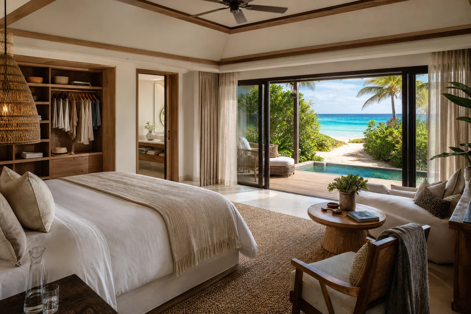 Light-filled resort suite opening onto a private terrace with a plunge pool and beach access