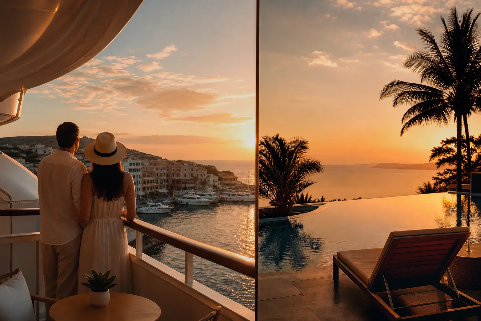 Split editorial image showing a cruise balcony view of a port at sunrise beside a tranquil resort infinity pool at golden hour