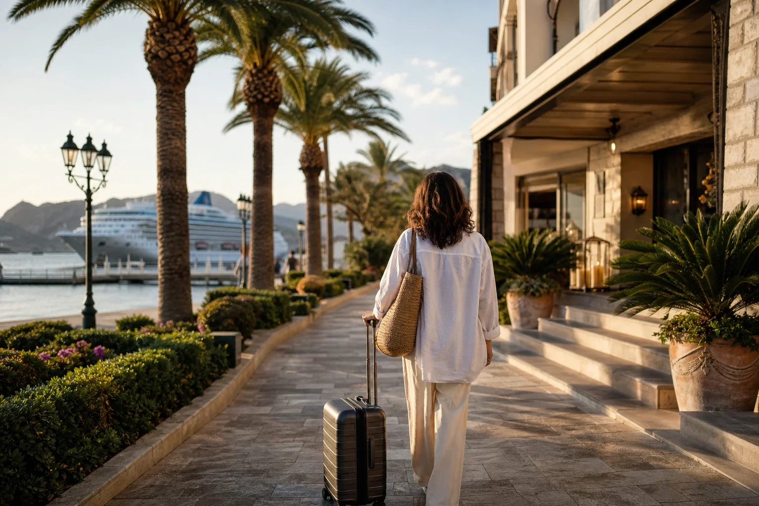 Traveler rolling a suitcase past palm trees toward a beachfront hotel with a cruise ship offshore