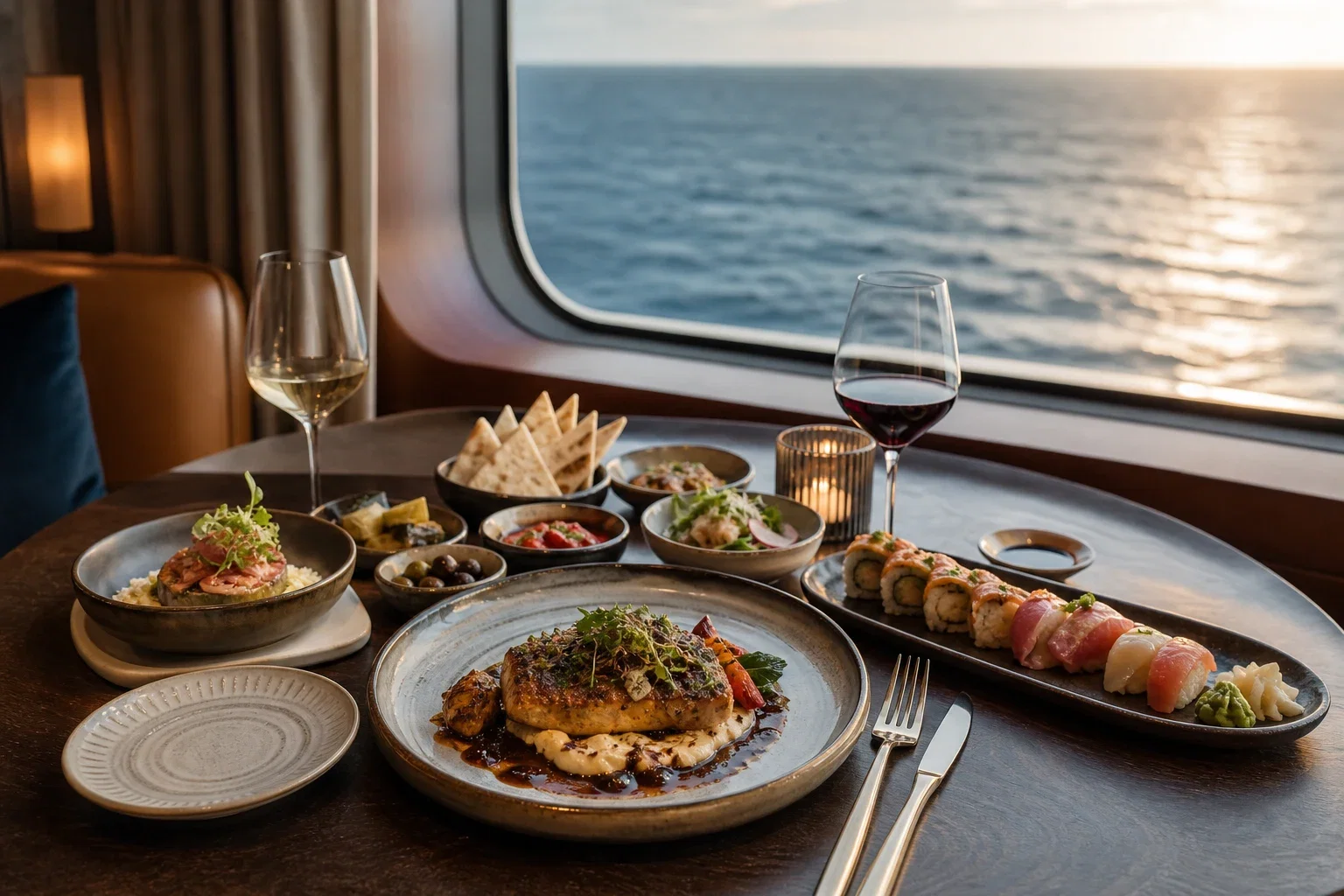Window-side restaurant table with several small plated dishes representing varied cuisines and an ocean view
