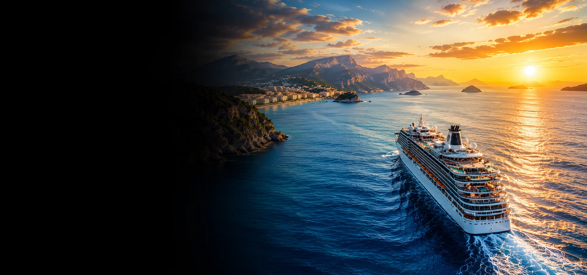 Luxury cruise ship sailing across calm blue waters at sunrise during a World Cruise.